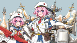 2girls belt beret blue_eyes blue_skirt blush child colored_tips flag gloves gradient_hair green_hair hair_flaps hat hat_ornament highres jinan_(warship_girls_r) military military_uniform missile multicolored_hair multiple_girls necktie open_mouth pink_hair red_necktie red_star sailor_collar short_hair skirt smile smoke star_(symbol) star_hat_ornament warship_girls_r white_gloves z.s.w.