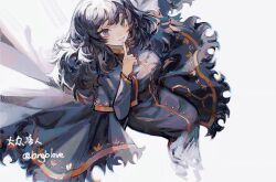 1girl black_coat black_dress black_eyes black_hair bngb_love coat dress full_body fur-trimmed_coat fur_trim gold_trim hexagon_print highres library_of_ruina looking_at_viewer medium_hair project_moon simple_background sitting solo white_background zena_(project_moon)