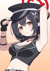 Rule 34 | 1girl, :o, absurdres, armpits, ayane (blue archive), ayane (idol) (blue archive), bare shoulders, belt, black choker, black gloves, black hair, black hat, black shirt, blue archive, blush, breasts, choker, cleavage, collared shirt, commentary, double-parted bangs, fingerless gloves, flower, gloves, gradient background, grey belt, hair between eyes, hair flower, hair ornament, halo, hands up, hat, headset, highres, jewelry, looking at viewer, medium breasts, medium hair, midriff, navel, necklace, open mouth, parted lips, peaked cap, pointy ears, red halo, shirt, simple background, skirt, sleeveless, sleeveless shirt, solo, straight hair, upper body, white background, white flower, yellow background, yellow eyes, zddma20, zipper