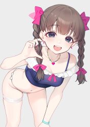 Rule 34 | 1girl, bare shoulders, bikini, blue eyes, blush, bow, bracelet, braid, breasts, brown hair, earrings, frills, hair bow, hair ornament, hairband, highres, idolmaster, idolmaster cinderella girls, jewelry, long hair, looking at viewer, navel, necklace, open mouth, pink bow, ribbon, sakuma mayu, saltylemontea, simple background, small breasts, smile, solo, stomach, swimsuit, teeth, thighlet, twin braids, twintails