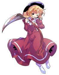 1girl :d black_eyes black_hat blonde_hair commentary_request dairi dress elly_(touhou) full_body hat holding holding_scythe large_variant_set long_sleeves looking_at_viewer no_shoes open_mouth red_dress scythe short_hair smile socks solo sweat teeth touhou touhou_(pc-98) transparent_background upper_teeth_only variant_set white_socks