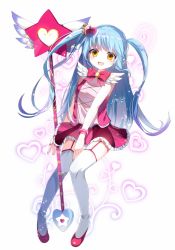1girl armlet blue_hair blush bow emia_(castilla) female_focus full_body garter_straps hair_ornament heart heart_hair_ornament highres jewelry lobotomy_corporation long_hair looking_at_viewer miniskirt nail_polish open_mouth pink_bow pink_nails pink_shoes project_moon queen_of_hatred shoes skirt smile solo striped_clothes striped_skirt thighhighs two_side_up vertical-striped_clothes vertical-striped_skirt very_long_hair white_thighhighs yellow_eyes
