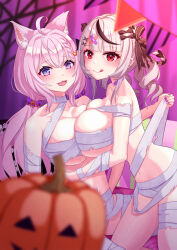 2girls :3 ahoge animal_ear_fluff animal_ears bandage_pull bandages bandaid bandaid_hair_ornament bandaid_on_neck barbell_piercing black_bow black_hair black_ribbon blue_eyes blunt_bangs blurry blurry_background blurry_foreground blush bow braid braided_bangs braided_hair_rings breast_press breasts bunting cleavage closed_mouth collarbone commentary_request ear_piercing fang fingernails food-themed_hair_ornament grey_hair hair_bow hair_ornament hair_ribbon hair_rings hair_scrunchie hairclip hakui_koyori halloween heart heart_hair_ornament highres hololive industrial_piercing kneeling large_breasts long_hair looking_at_viewer multicolored_eyes multicolored_hair multiple_girls multiple_piercings nail_polish naked_bandage navel open_mouth orange_trim piercing pink_background pink_eyes pink_hair pink_lips pink_tail ponytail pumpkin pumpkin_hair_ornament purple_eyes purple_nails purple_scrunchie red_eyes ribbon sakamata_chloe scrunchie silk single_hair_ring sitting smile spider_web stomach streaked_hair symmetrical_docking tail thighs tongue tongue_out torn_ribbon torso_grab twintails two-tone_hair underboob virtual_youtuber wolf_ears wolf_girl wolf_tail x_hair_ornament yoshi_yubisashi yuri