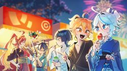 Rule 34 | 2girls, 3boys, aerial fireworks, aether (genshin impact), ahoge, ajaw (genshin impact), alternate costume, black hair, blonde hair, blue eyes, blue hair, blue kimono, blurry, blurry background, brown kimono, candy apple, festival, fireworks, food, furina (genshin impact), genshin impact, green hair, green kimono, gun, highres, japanese clothes, kimono, kinich (genshin impact), long hair, mavuika (genshin impact), multicolored hair, multiple boys, multiple girls, night, night sky, obi, one eye closed, ponytail, red eyes, red hair, red kimono, sash, scaramouche (genshin impact), shaved ice, short hair, sky, streaked hair, two-tone hair, ukata, upper body, wanderer (genshin impact), weapon, white hair, white kimono, yellow eyes