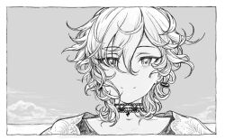 Rule 34 | 1girl, anastasia (idolmaster), choker, cloud, greyscale, hair between eyes, idolmaster, idolmaster cinderella girls, looking at viewer, monochrome, short hair, sky, smile, solo, tv nattou, upper body, wavy hair, wind