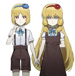 1boy 1girl absurdres arm_behind_back asdf1211950 black_souls blonde_hair blue_bow blue_bowtie blue_eyes blue_flower blue_hairband blue_ribbon blue_rose bow bowtie bright_pupils brown_dress brown_shorts closed_mouth collared_shirt cowboy_shot dress dress_shirt expressionless flower gretel_(black_souls) hair_between_eyes hair_flower hair_ornament hairband hand_up hansel_(black_souls) highres holding_hands index_finger_raised long_hair looking_at_viewer pinafore_dress puffy_short_sleeves puffy_sleeves red_eyes red_flower red_hairband ribbon rose shaded_face shirt short_hair short_sleeves shorts siblings sidelocks simple_background sleeveless sleeveless_dress smile standing suspender_shorts suspenders very_long_hair white_background white_pupils white_shirt