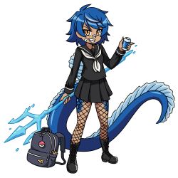 1girl backpack bag blue_hair boots can cheese commission commissioner_upload dark-skinned_female dark_skin dinosaur_girl dinosaur_tail drink_can fingernails fishnet_pantyhose fishnets food leather leather_boots mouse multicolored_hair orange_eyes original otchakun_(artist) pantyhose poke_ball polearm robin_injigo sailor_collar scales school_uniform sharp_fingernails sharp_teeth shirt short_hair skirt soda_can solo spinosaurus tail teeth trident two-tone_hair water weapon white_hair