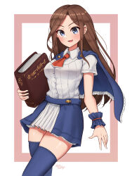 1girl ascot blue_capelet blue_eyes blue_thighhighs book breasts brown_hair capelet castlevania:_portrait_of_ruin castlevania_(series) charlotte_aulin highres holding long_hair looking_at_viewer open_mouth red_ascot shirt skirt smile solo thighhighs wakaba_(wata_ridley) white_shirt
