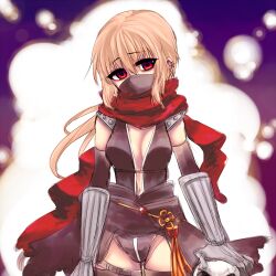 Rule 34 | 1girl, armor, assassin cross (ragnarok online), black gloves, black leotard, black thighhighs, blonde hair, breasts, commentary request, cowboy shot, elbow gloves, gloves, leotard, long hair, looking at viewer, mask, medium breasts, mouth mask, ninja mask, pauldrons, purple background, ragnarok online, red eyes, red scarf, revealing clothes, scarf, shirokuro (erisnoa), shoulder armor, solo, thighhighs, vambraces