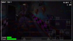 1girl animal_ears animatronic ass bonnie_(fnaf) boots breasts camera ceiling_light clock colored_skin commentary elbow_gloves english_commentary english_text five_nights_at_freddy&#039;s five_nights_in_anime:_after_hours_(fangame) five_nights_in_anime_(fangame) food from_behind full_body furry furry_female game_screenshot gameplay_mechanics genderswap genderswap_(mtf) gloves hallway hanging_light high_heel_boots high_heels highres huge_ass huge_breasts large_breasts leotard non-web_source pizza pizza_slice playboy_bunny purple_hair rabbit_tail red_gloves red_leotard screencap shiny_skin short_hair solo static strapless strapless_leotard tail thighhighs video_game