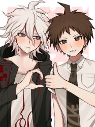 2boys ahoge blush breast_pocket brown_eyes brown_hair closed_mouth danganronpa_(series) danganronpa_2:_goodbye_despair green_necktie grey_hair grey_shirt grin hair_between_eyes heart heart_hands_failure highres hinata_hajime hood hood_down jacket komaeda_nagito kun_(oxx_kn_xxo) messy_hair multiple_boys necktie open_clothes open_jacket pink_background pocket print_shirt saliva shirt sideways_glance smile teeth upper_body