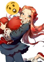1girl bamhobakk chocolat_meilleure commentary_request earrings emoji floating_hair glint green_eyes hair_ribbon holding holding_stuffed_toy jewelry korean_commentary long_hair orange_hair pajamas ribbon simple_background solo stuffed_toy sugar_sugar_rune white_background
