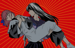 1girl 2girls apron black_hair black_hairband black_kimono blue_bow blue_neckerchief blue_sailor_collar blue_shirt bow carrying closed_eyes closed_mouth hair_bow hairband japanese_clothes kimono kohaku_(tsukihime) long_hair long_sleeves maid metarogu midriff_peek multiple_girls neckerchief own_hands_clasped own_hands_together pleated_skirt princess_carry red_background red_hair sailor_collar school_uniform shirt short_hair skirt smile socks tohno_akiha tsukihime tsukihime_(remake) white_socks yuri