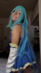 Rule 34 | 1girl, animated, aqua (konosuba), aqua (konosuba) (cosplay), ass, audible music, bare shoulders, blue hair, boots, brazilian (nationality), cosplay, female focus, high heel boots, high heels, indoors, interior, kono subarashii sekai ni shukufuku wo!, long hair, looking at another, looking at viewer, lowres, music, nerokosplayer, photo (medium), real life, skirt, solo, sound, tagme, teeth, thighhighs, video, white thighhighs