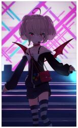 Rule 34 | 1girl, ahoge, bare shoulders, bat necklace, border, collar, dyed ahoge, flat chest, highres, looking at viewer, makaino ririmu, makaino ririmu (2nd costume), microphone, nijisanji, off-shoulder jacket, off shoulder, red collar, red eyes, red wings, sabamen, sleeves past wrists, solo, striped clothes, striped thighhighs, thighhighs, virtual youtuber, white border, wings