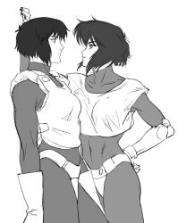 2girls absurdres aizheajsee bodysuit bulletproof_vest covered_navel cropped_legs elbow_gloves gauntlets ghost_in_the_shell gloves greyscale highres kusanagi_motoko looking_at_another looking_at_viewer medium_hair monochrome multiple_girls white_background white_gloves yuri