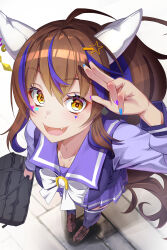 1girl animal_ears arm_up blue_hair bow colored_inner_hair commentary daitaku_helios_(umamusume) ear_covers ear_ornament full_body hair_between_eyes hair_ornament hairclip highres horse_girl long_hair multicolored_hair pleated_skirt purple_serafuku purple_shirt purple_skirt purple_thighhighs sailor_collar school_uniform serafuku shirt skirt solo takase_hiro thighhighs tracen_school_uniform umamusume white_bow winter_uniform yellow_eyes