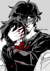 Rule 34 | 1boy, 1girl, ahoge, andrew graves, ashley graves, bags under eyes, blood, blood on face, blood on hands, brother and sister, closed mouth, commentary, covering another&#039;s eyes, feet out of frame, flower, green eyes, grey background, greyscale, highres, hug, knees up, long sleeves, looking to the side, low ponytail, monochrome, open mouth, pants, ponytail, puffy long sleeves, puffy sleeves, red flower, red petals, short hair, siblings, simple background, sitting, spot color, sweater, symbol-only commentary, tag, the coffin of andy and leyley, torn clothes, torn pants, twitter username, zayaaa zaya