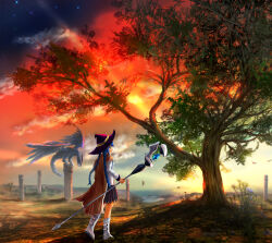 Rule 34 | 1girl, black skirt, blue eyes, blue hair, boots, braid, brown cape, brown cloak, cape, cloak, column, dragon, full body, hat, highres, holding, holding staff, horizon, large hat, long braid, long hair, long sleeves, mage staff, mushoku tensei, outdoors, pillar, pleated skirt, reppu (pcs31493), roxy migurdia, shirt, skirt, sky, solo, staff, standing, tree, twin braids, white boots, white shirt, witch hat