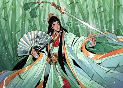 1boy absurdres bamboo bamboo_forest bamboo_print black_eyes black_hair chinese_clothes chinese_hairpin commentary earrings facial_mark floating floating_object floating_weapon fmd folding_fan forehead_mark forest gold_trim green_hanfu green_robe hair_ornament hand_fan hanfu highres holding holding_fan jewelry long_hair long_sleeves male_focus nature paper_fan renzha_fanpai_zijiu_xitong ribbon ribboned_xiao_guan robe sash shen_qingqiu solo standing sword sword_tassel symbol-only_commentary tassel tassel_earrings very_long_hair weapon wide_sleeves wuxia xiao_guan_(headdress)