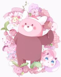 ._. :d bad_id bad_pixiv_id balloon bear bewear blue_eyes blush brown_eyes character_request cherrim cherrim_(sunshine) closed_mouth commentary creatures_(company) ditto fangs fangs_out floral_print flower game_freak gen_1_pokemon gen_2_pokemon gen_4_pokemon gen_7_pokemon green_eyes grey_background heart heart_balloon highres hoppip jigglypuff legendary_pokemon mythical_pokemon nintendo no_humans open_mouth pink_flower pink_ribbon pink_rose pink_theme pokemon pokemon_(creature) pokemon_sm print_ribbon purple_eyes red_eyes ribbon rose shaymin shaymin_(land) simple_background smile snubbull standing tsukiyo_(skymint) unmoving_pattern yellow_eyes