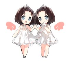 2girls blush chibi full_body looking_at_viewer mouth_hold multiple_girls open_mouth original saru short_hair siblings simple_background smile twins white_background