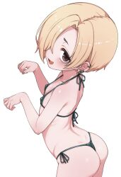 1girl absurdres ass bags_under_eyes bikini black_bikini blonde_hair blush brown_eyes ear_piercing fang flat_chest hair_over_one_eye halterneck highres idolmaster idolmaster_cinderella_girls komodj looking_at_viewer micro_bikini open_mouth piercing shirasaka_koume short_hair side-tie_bikini_bottom smile swimsuit