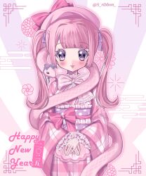 Rule 34 | 1girl, 2025, beret, blunt bangs, blush, bow, frilled sleeves, frills, hair bow, happy new year, hat, highres, japanese clothes, kimono, lolita fashion, new year, obi, original, pink hair, pink kimono, ribbon, sash, snake, twintails, wa lolita, yuni (s ribbon)