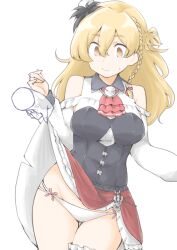 1girl akara_kai ascot bare_shoulders blonde_hair blush braid breasts brown_eyes clothes_lift corset cowboy_shot disembodied_hand frilled_thigh_strap hair_between_eyes hat highres kantai_collection large_breasts long_hair long_sleeves mini_hat one-hour_drawing_challenge red_ascot shirt side_braid simple_background skirt skirt_lift solo sweatdrop thigh_strap wavy_hair white_background white_shirt zara_(kancolle) zara_due_(kancolle)