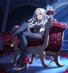 Rule 34 | 1girl, alcohol, arlecchino (genshin impact), black footwear, black hair, black pants, commentary, crossed legs, cup, cupping glass, genshin impact, high heels, highres, holding, holding cup, indoors, jacket, leggings, long sleeves, multicolored hair, pants, solo, streaked hair, suzu (user kdex8732), white hair, white jacket, wine