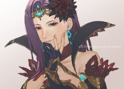 1girl 91007 artist_name bare_shoulders black_gloves breasts brown_eyes circlet close-up earrings eyeshadow fire_emblem fire_emblem_echoes:_shadows_of_valentia fire_emblem_heroes flower gloves gold_trim grey_background hair_flower hair_ornament hand_on_own_face high_collar jewelry large_breasts lips long_hair makeup nintendo official_alternate_costume parted_lips partially_fingerless_gloves purple_eyeshadow purple_hair signature simple_background solo sonya_(beautiful_mage)_(fire_emblem) sonya_(fire_emblem_gaiden) watermark