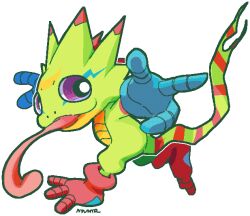 digimon digimon_(creature) full_body gecko gekkomon green_scales long_tongue no_humans notaventura pointing pointing_at_viewer purple_eyes simple_background tongue tongue_out transparent_background