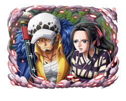 Rule 34 | 1boy, 1girl, bandages, black hair, blue eyes, breasts, cape, chest tattoo, closed mouth, coat, commentary, earrings, english commentary, facial hair, fur cape, fur hat, goatee, hat, holding, holding sword, holding weapon, japanese clothes, jewelry, kimono, long hair, long sideburns, looking at another, medium breasts, nico robin, nico robin (wano), official alternate costume, official art, one piece, one piece treasure cruise, open mouth, ponytail, shirt, short hair, sideburns, sweatdrop, sword, tattoo, trafalgar law, v-shaped eyebrows, weapon, wide sleeves, yellow shirt