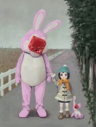 1girl 1other absurdres animal_costume aqua_hat beanie black_hair black_shorts blush boots brown_boots child closed_mouth cube dot_nose fence fur-trimmed_boots fur_trim hat highres holding holding_stuffed_toy horizon jacket mascot_costume okura_lino orange_scarf original outdoors overcast path pom_pom_(clothes) pom_pom_beanie rabbit_costume raw_meat road scarf shorts sky standing stuffed_animal stuffed_rabbit stuffed_toy surreal toggles
