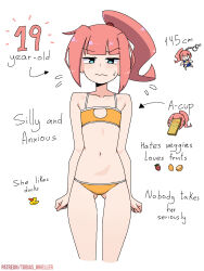1girl arms_at_sides bare_arms bare_legs bare_shoulders bikini blue_eyes blunt_bangs character_age cherry_(tobias_wheller) clenched_hands collarbone commentary english_commentary english_text flat_chest flying_sweatdrops gluteal_fold height highres light_blush looking_at_viewer navel orange_bikini original pink_hair pointing_out_the_details ponytail simple_background solo stomach straight-on swimsuit tobias_wheller wavy_mouth white_background