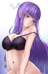 Rule 34 | 1girl, absurdres, armpit crease, black bra, blush, bottomless, bra, breasts, cleavage, closed mouth, fern (sousou no frieren), gradient background, highres, lace, lace-trimmed bra, lace trim, large breasts, lips, long hair, looking to the side, navel, purple eyes, purple hair, sengnam1997, simple background, solo, sousou no frieren, stomach, strap slip, underwear, very long hair