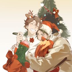 Rule 34 | 2boys, animal ears, bow, brown hair, brown sweater, christmas, christmas stocking, christmas tree, closed eyes, commentary, deer ears, fake animal ears, fake antlers, fandangyu, grin, haikyuu!!, hair between eyes, hashtag-only commentary, hat, highres, holding, jacket, long sleeves, male focus, multiple boys, oikawa tooru (haikyuu!!), open clothes, open jacket, pom pom (clothes), red bow, red jacket, santa hat, shirt, short hair, smile, sweater, teeth, tinsel, tree, turtleneck, upper body, ushijima wakatoshi, white shirt, yaoi
