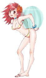 Rule 34 | 1girl, 2000s (style), alternate costume, bad source, ball, barefoot, beachball, blue choker, blue nails, blush, breasts, choker, cleavage, commentary request, dated commentary, flower, full body, hair flower, hair ornament, holding, holding ball, holding beachball, john (strike-shank), leaning forward, long hair, looking at viewer, medium breasts, open mouth, ragnarok online, red eyes, red flower, red hair, simple background, smile, solo, standing, taekwon (ragnarok online), toenails