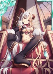 1girl absurdly_long_hair akkijin blonde_hair boots breasts card_(medium) cleavage demon_girl demon_horns dome high_heel_boots high_heels horns indoors long_hair looking_at_viewer looking_down medium_breasts multicolored_hair official_art shinkai_no_valkyrie silver_hair sitting throne two-tone_hair two-tone_legwear very_long_hair yellow_eyes