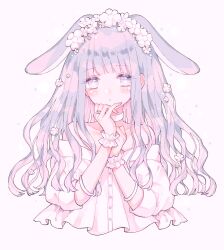 1girl animal_ears blush bracelet choker commentary cropped_torso eyelashes eyes_visible_through_hair flower frilled_wrist_cuffs frills grey_background hair_flower hair_ornament highres jewelry long_hair long_sleeves lop_rabbit_ears off-shoulder_shirt off_shoulder original parted_lips pink_eyes purple_hair rabbit_ears shirt simple_background solo star_(symbol) star_in_eye symbol-only_commentary symbol_in_eye tareme ting_(tingiiio) white_choker white_flower white_shirt wrist_cuffs
