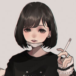 Rule 34 | 1girl, aegyo sal, arm warmers, black hair, black shirt, cigarette, commentary request, earlobe stretcher, eyelashes, grey background, grey eyes, hand up, highres, holding, holding cigarette, jewelry, lipstick, looking at viewer, makeup, mano aaa, mask, mouth mask, original, parted lips, portrait, red lips, ring, shirt, short hair, smoking, solo, swept bangs, t-shirt