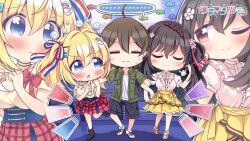 ... 1boy 2022 2girls ;) =_= adjusting_hair ahoge aquarium arm_hug bare_shoulders black_boots black_shorts blonde_hair blue_eyes blush boots bra braid breasts brown_hair center_frills chibi chibi_only closed_mouth commentary company_name copyright_name cowboy_shot crescent crescent_hair_ornament cross-laced_shoes dated dating facing_viewer flag_print flower french_flag french_flag_print frilled_shirt frilled_skirt frills full_body furrowed_brow futamata_ren&#039;ai game_cg girl_sandwich hair_between_eyes hair_flower hair_ornament hair_ribbon hetero highres indoors jealous jewelry key key_necklace koga_nao_(futamata_ren&#039;ai) large_breasts locked_arms looking_at_another miniskirt multiple_girls necklace no_socks nobuta_yua notice_lines official_art one_eye_closed one_side_up outline pink_flower pink_shirt plaid_clothes plaid_skirt print_ribbon promotional_art puff_of_air puffy_short_sleeves puffy_sleeves red_eyes red_ribbon red_skirt ribbon sandals sandwiched shirt shoes short_sleeves shorts single_braid skirt smile smug sneakers speech_bubble split_mouth spoken_ellipsis standing standing_on_one_leg star_(symbol) star_hair_ornament sweatdrop takahero tareme toiro_kirame twintails underwear wavy_mouth white_bra white_outline white_shirt white_shoes yellow_skirt