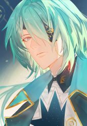 1boy absurdres anaxa_(honkai:_star_rail) aqua_hair black_jacket blue_eyes closed_mouth eyepatch highres honkai:_star_rail honkai_(series) jacket looking_at_viewer male_focus medium_hair noru_arty30 one_eye_covered pink_pupils side_ponytail solo upper_body