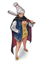 1girl asymmetrical_bangs ayase_seiko baseball_bat beehive_hairdo black_cape blue_jacket blue_trim breasts brown_eyes buttons cape cardigan cigarette cleavage closed_mouth commentary dandadan dark-skinned_female dark_skin earrings from_above frown full_body furrowed_brow glaring glasses hair_behind_ear hair_tie half-closed_eyes hand_in_pocket hand_up highres hoop_earrings invisible_floor jacket jewelry large_breasts legs_apart letterman_jacket long_eyelashes long_hair long_legs long_shirt long_sleeves looking_at_viewer looking_to_the_side looking_up matheus_felipe metal_baseball_bat multicolored_jacket narrowed_eyes no_bra no_pants open_clothes open_jacket over_shoulder parted_bangs puffy_long_sleeves puffy_sleeves rectangular_eyewear red-framed_eyewear red_cape semi-rimless_eyewear serious simple_background single_vertical_stripe slippers smoking solo standing thick_eyelashes thighs tsurime two-sided_cape two-sided_fabric two-tone_cape two-tone_jacket unbuttoned v-neck v-shaped_eyebrows weapon weapon_over_shoulder white_background white_hair white_jacket white_trim yellow_cardigan yellow_slippers
