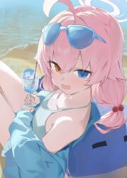 1girl absurdres ahoge aqua_jacket bare_legs beads bikini blue-tinted_eyewear blue_archive blush breasts evening_rabbit eyewear_on_head food hair_beads hair_flaps hair_ornament halo heterochromia highres holding holding_food hoshino_(blue_archive) hoshino_(swimsuit)_(blue_archive) jacket long_hair looking_at_viewer ocean official_alternate_costume open_clothes open_jacket outdoors pink_hair pink_halo small_breasts smile soles solo swimsuit tinted_eyewear twintails very_long_hair white_bikini