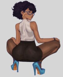 1girl ass big.boss.requiem big_hair black_hair black_skirt blue-framed_eyewear blue_footwear braid brown_pantyhose christian_louboutin_(brand) colored_shoe_soles commentary crescent crescent_earrings crown_braid dark-skinned_female dark_skin earrings english_commentary from_behind full_body glasses hands_on_own_knees high_heels jewelry looking_at_viewer office_lady orange_eyes original pantyhose pencil_skirt platform_footwear platform_heels seamed_legwear semi-rimless_eyewear shirt short_hair side-seamed_legwear skirt sleeveless sleeveless_shirt solo spread_legs squatting stiletto_heels umbra_(big.boss.requiem) under-rim_eyewear watch wide_spread_legs wristwatch