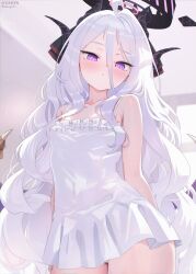 1girl absurdres alternate_costume arms_behind_back bare_shoulders black_halo black_horns blue_archive blush closed_mouth collarbone commentary_request demon_horns dress hair_between_eyes halo highres hina_(blue_archive) horns indoors loli long_hair looking_at_viewer nekoya_(liu) paid_reward_available purple_eyes sleeveless sleeveless_dress solo spaghetti_strap very_long_hair white_dress white_hair