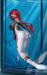 Rule 34 | 1girl, absurdres, armbinder, ass, barcode, bdsm, bodysuit, breasts, choujigen game neptune, covered erect nipples, gagged, hair ornament, hairclip, highres, large breasts, latex, latex bodysuit, long hair, low twintails, mask, mermaid costume, midnight (banyex), mouth mask, neptune (series), red eyes, red hair, shiny clothes, skin tight, solo, tennouboshi uzume, tentacles, turn pale, twintails, underwater, variant set