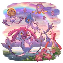 azelf closed_eyes commentary_request dated drifblim drifloon extra_tails floating flower forehead_jewel gen_3_pokemon gen_4_pokemon lake legendary_pokemon mesprit midair milotic mythical_pokemon nintendo outdoors partially_submerged pokemon pokemon_(creature) rainbow shaymin shaymin_(land) sky uxie wataame4907 yellow_eyes