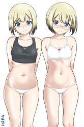 2girls black_sports_bra blonde_hair blue_eyes blush breasts erica_hartmann glasses hama_(zarulzaharudin) looking_at_viewer multiple_girls navel panties short_hair small_breasts smile sports_bra standing strike_witches underwear ursula_hartmann white_panties white_sports_bra world_witches_series